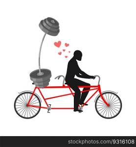 Lover Fitness. Man and barbell on bicycle. Walk on tandem. Always together. I love bodybuilding