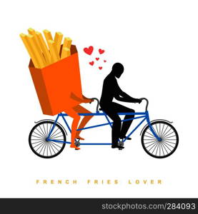 Lover french fries. Food on bicycle. Lovers of cycling. Man rolls fastfood on tandem. Joint walk with meal. Romantic date. Romantic illustration undershot