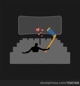 Lover hockey. Guy and hockey stick in movie theater. Lovers watching cinema. Romantic date. Love sport play game