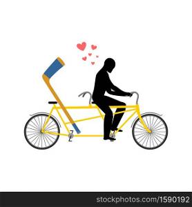 Lover hockey. hockey-stick on bicycle. Lovers of cycling. Man rolls tandem bike. Joint walk on street. Romantic date.