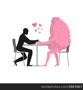 Lover in cafe. Man and hot dog is sitting at table. food in restaurant. Fat food in the dining room. Romantic date in public place. Romantic meal illustration&#xA;