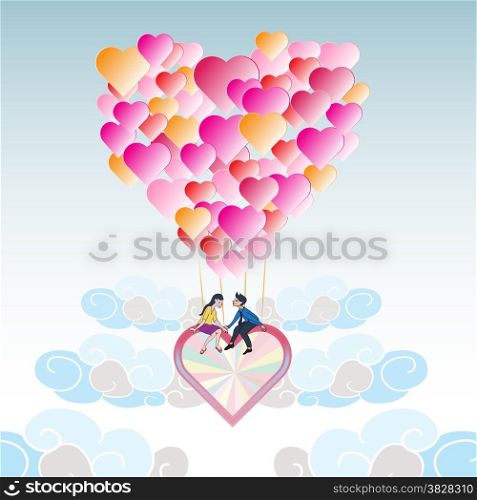 Lover on heart balloon flying among the cloud with blue sky,valentine concept