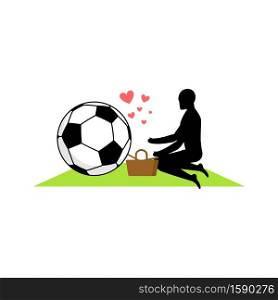 Lover Soccer. Guy and football ball on picnic. Meal in nature. blanket and basket for food on lawn. Romantic date. Love sport play game