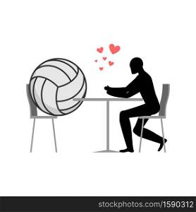 Lover volleyball. ball and guy in cafe. Lovers in restaurant. Romantic date. Love sport play game