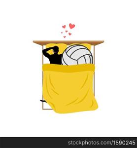 Lover volleyball. Guy and ball in bed. Lovers in Bedroom. Romantic date. Love sport play game