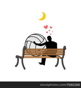 Lover volleyball. Guy and ball sitting on bench. Romantic date. Love sport play game