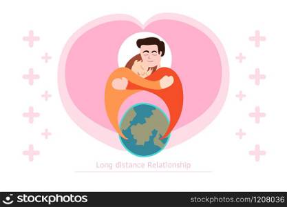 Lover with Long distance relationship sending thinking of hearts over the world. Drawing vector illustration design like a logo suitable for wedding invitation card or Valentines's day.