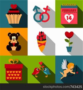 Lovers day icon set. Flat style set of 9 vector icons for web design. Lovers day icon set, flat style