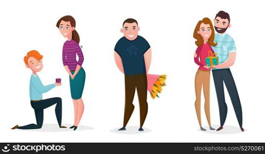 Lovers Gift Giving Set. Love gift giving human characters set with cartoon teenagers married couple and guy with bouquet of flowers vector illustration