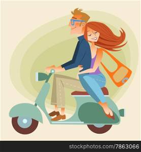 Lovers man and woman on retro bike going down the road. The way of dreams, love and friendship