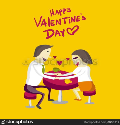 Lovers man and woman sitting in the cafe at the table and holding hands. Flat isolated vector illustration