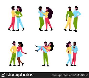 Lovers. Romantic couples dating valentine day characters happy people gifts garish vector flat illustrations. Romantic love couple dating. Lovers. Romantic couples dating valentine day characters happy people gifts garish vector flat illustrations