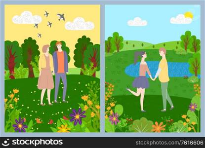 Lovers romantic day in park, couple character walking near trees and flowers, male and female holding hands, people walking outdoor, landscape view vector. Postcard of Lovers Romantic Day, Nature Vector