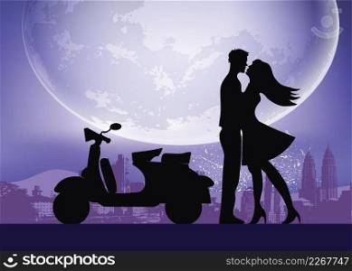 Lovers Silhouette Kissing at Moonlight