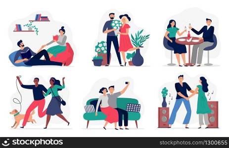 Lovers spend time together. Couples in love, happy people love each other and lifestyle vector illustration set. Woman and man together, love and relationship. Lovers spend time together. Couples in love, happy people love each other and lifestyle vector illustration set