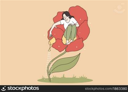 Loving and taking care of yourself concept. Young happy woman sitting in flower and watering it taking care of herself vector illustration . Loving and taking care of yourself concept.
