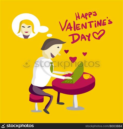 Loving businessman rewritten using a laptop in a cafe with a woman. Flat isolated vector illustration