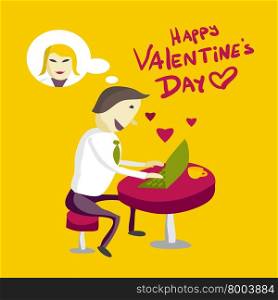 Loving businessman rewritten using a laptop in a cafe with a woman. Flat isolated vector illustration