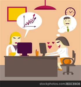 Loving businesswoman rewritten with a man in the workplace. Flat isolated vector illustration