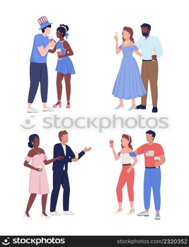 Loving couple at party semi flat color vector characters set. Standing figures. Full body people on white. Celebration simple cartoon style illustration for web graphic design and animation pack. Loving couple at party semi flat color vector characters set