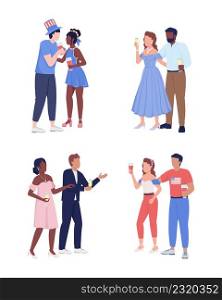 Loving couple at party semi flat color vector characters set. Standing figures. Full body people on white. Celebration simple cartoon style illustration for web graphic design and animation pack. Loving couple at party semi flat color vector characters set