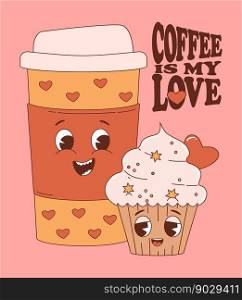 Loving couple coffee and cream cupcake. Cute retro characters coffee in cup takeaway and and muffin. Vector illustration. Cool vertical nostalgic postcard for funny cards, design and print