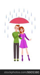 Loving couple in the rain. Romantic young people in love under umbrella, happy husband and wife characters hugging in street, rainy weather, flat cartoon vector isolated on white background concept. Loving couple in the rain. Romantic young people in love under umbrella, happy husband and wife characters hugging in street, rainy weather, flat cartoon vector isolated concept