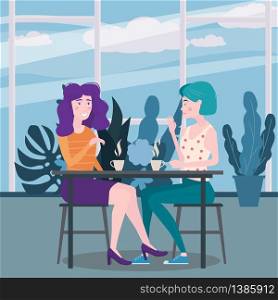 Loving couple is drinking coffee in cafe. A man and a woman in love on date are sitting at a table. Loving couple is drinking tea in cafe. A woman and a woman in love on date are sitting at a table in a cozy floral interior restaurant. Vector illustration in a trendy flat style