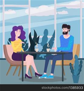 Loving couple is drinking coffee in cafe. A man and a woman in love on date are sitting at a table. Loving couple is drinking coffee in cafe. A man and a woman in love on date are sitting at a table in a cozy floral interior restaurant. Vector illustration in a trendy flat style