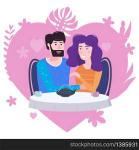 Loving couple is drinking tea in cafe. A man and a woman in love on date are sitting at a table. Loving couple is drinking tea in cafe. A man and a woman in love on date are sitting at a table. Love friendship and communication, love heart flora background concept. Vector illustration isolated flat style cartoon