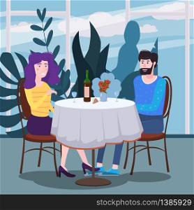 Loving couple is drinking vine in cafe. A man and a woman in love on date are sitting at a table. Loving couple is drinking vine in cafe. A man and a woman in love on date are sitting at a table in a cozy floral interior restaurant. Vector illustration in a trendy flat style