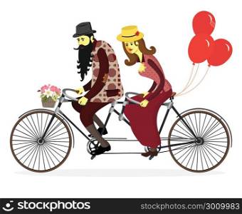 Loving couple man and woman on bicycles with balloons. Romantic vintage card with cute lovers riding on a bicycle. Happy Valentines&rsquo;s Day. Vector cartoon illustration.