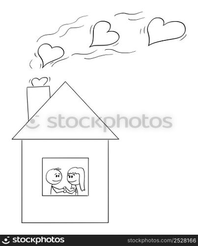Loving couple of man and woman feeling love in their house or home , vector cartoon stick figure or character illustration.. Two Loving People or Couple Feeling Love in Home or House, Vector Cartoon Stick Figure Illustration