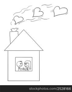Loving couple of man and woman feeling love in their house or home , vector cartoon stick figure or character illustration.. Two Loving People or Couple Feeling Love in Home or House, Vector Cartoon Stick Figure Illustration