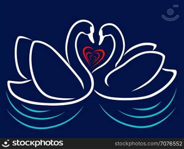 Loving couple of swans floating on the water and red heart between theirs, stylized Valentine vector illustration