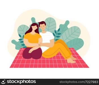 Loving couple on picnic in park.man and woman sitting on plaid and smiling.Concept of relaxing on a weekend in spring or summer. A family couple,husband and wife.Flat color vector illustration.