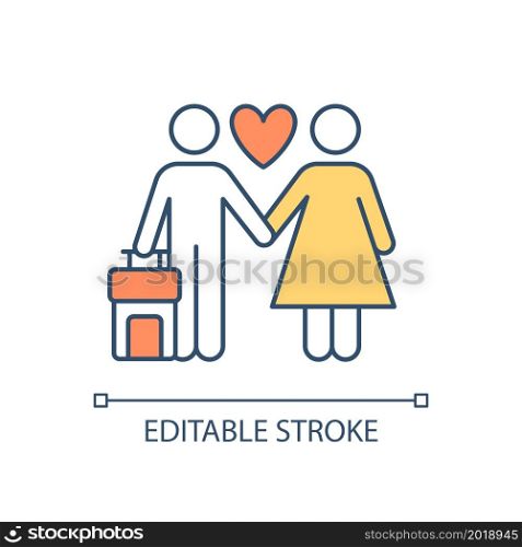 Loving couple on trip RGB color icon. Honeymoon vacation. Going abroad. Man and woman with suitcase. Spouses travelling. Isolated vector illustration. Simple filled line drawing. Editable stroke. Loving couple on trip RGB color icon