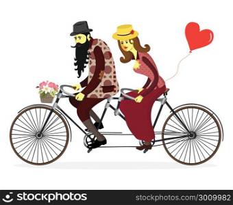 Loving couple riding on a bicycle. Couple riding a bicycle isolated. Doodle lovers: man and a woman riding tandem bicycle. Greeting card for Valentine&rsquo;s Day in a cartoon style.Vector illustration.