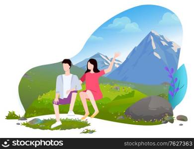 Loving couple sitting on meadow in front of mountain view. Man and woman hikers on brake , relaxing and enjoying beautiful landscape vector illustration. Mountain tourism. Flat cartoon. Couple Sitting on Meadow Mountain Landscape Vector