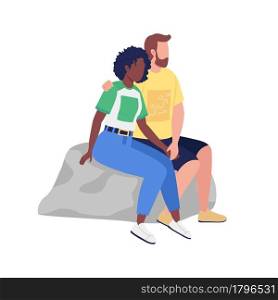 Loving couple sitting on rock on semi flat color vector characters. Full body people on white. Hugging each other tightly isolated modern cartoon style illustration for graphic design and animation. Loving couple sitting on rock on semi flat color vector characters
