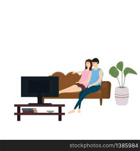 Loving couple watching TV or television set film, TV series, the broadcast. Loving couple watching TV or television set film, TV series, the broadcast on cozy sofa. Daily life of cute happy couple having fun at home. Pair of man and woman spending time together. Vector cartoon flat illustration isolated