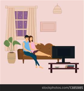 Loving couple watching TV or television set film, TV series, the broadcast. Loving couple watching TV or television set film, TV series, the broadcast on cozy sofa. Daily life of cute happy couple having fun at home. Pair of man and woman spending time together. Vector cartoon flat illustration isolated