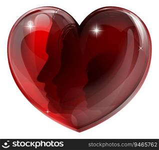 Loving family concept. Mother, father and child faces in silhouette in a glossy heart shape. Loving family concept