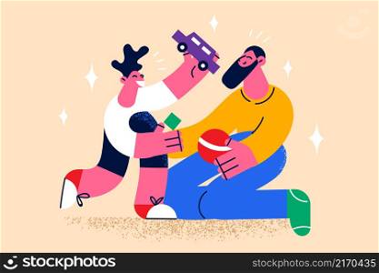 Loving father have fun play cars with small son on weekend at home. Happy caring dad enjoy time with little boy child involved in game together. Fatherhood and parenting. Vector illustration. . Loving dad play toys with small son