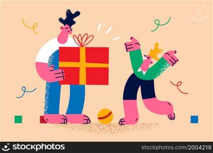Loving father hold huge gift box greeting excited small son with birthday anniversary. Caring dad congratulate make surprise with present to happy little boy child. Celebration. Vector illustration. . Loving father greeting with gift box excited son