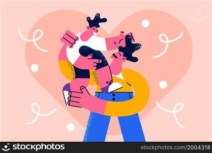 Loving father hold in arms excited little son have fun relax together. Caring young dad play with small boy child show support and affection. Family unity concept. Flat vector illustration.. Loving father hold in arms small son child