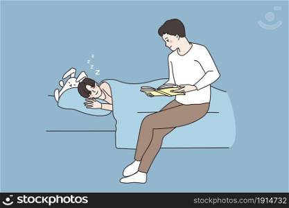 Loving father reading book to happy small teen son lying in bed sleeping in evening. Caring single dad read bedtime story to little boy kid. Family, fatherhood concept. Flat vector illustration. . Loving father read book for small son in bed