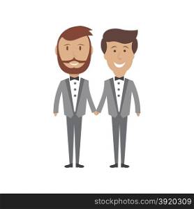 Loving gay male couple wedding card Vector illustration isolated on white background.