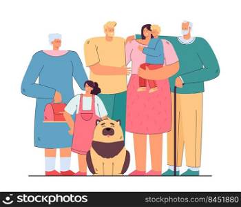 Loving happy big family standing together isolated flat vector illustration. Cartoon mother, father, grandpa, grandma, children and dog. Generation and relationship concept