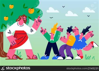 Loving Jesus Christ with small children in garden. Caring messiah talk speak with little kids in heaven. Biblical story or narrative. Religion and faith concept. Flat vector illustration. . Caring Jesus talk with little kids in garden